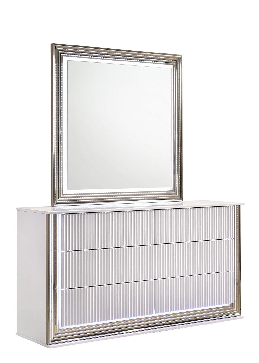 

    
ASPEN  Modern Deco White Finish Dresser & Mirror w/ LED Global USA

