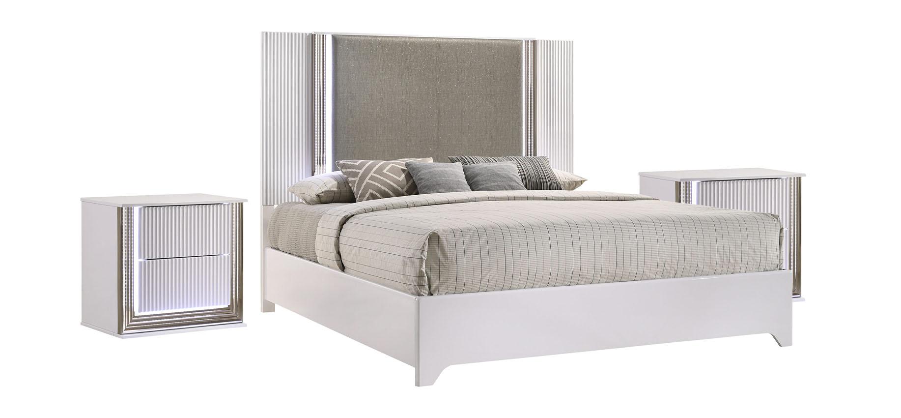 

    
ASPEN  Modern Deco White Finish w/ LED King Size Bedroom Set 3Pcs Global USA
