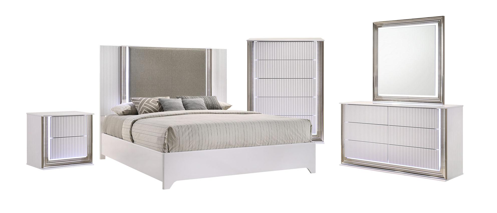 

    
ASPEN  Modern Deco White Finish w/ LED King Size Bedroom w/ Chest Set 5Pcs Global USA
