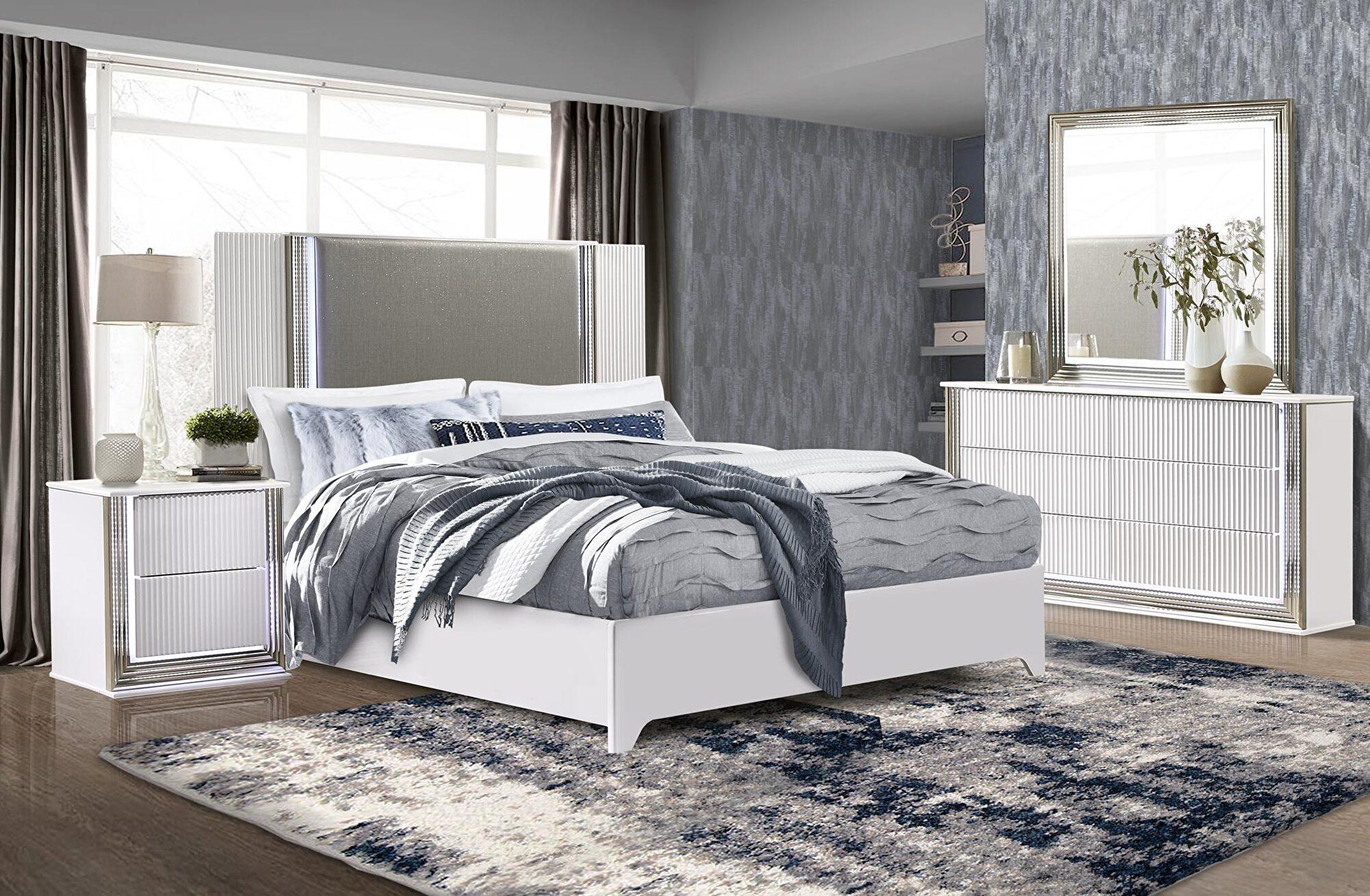 

    
ASPEN  Modern Deco White Finish w/ LED Queen Size Bedroom Set 5Pcs Global USA
