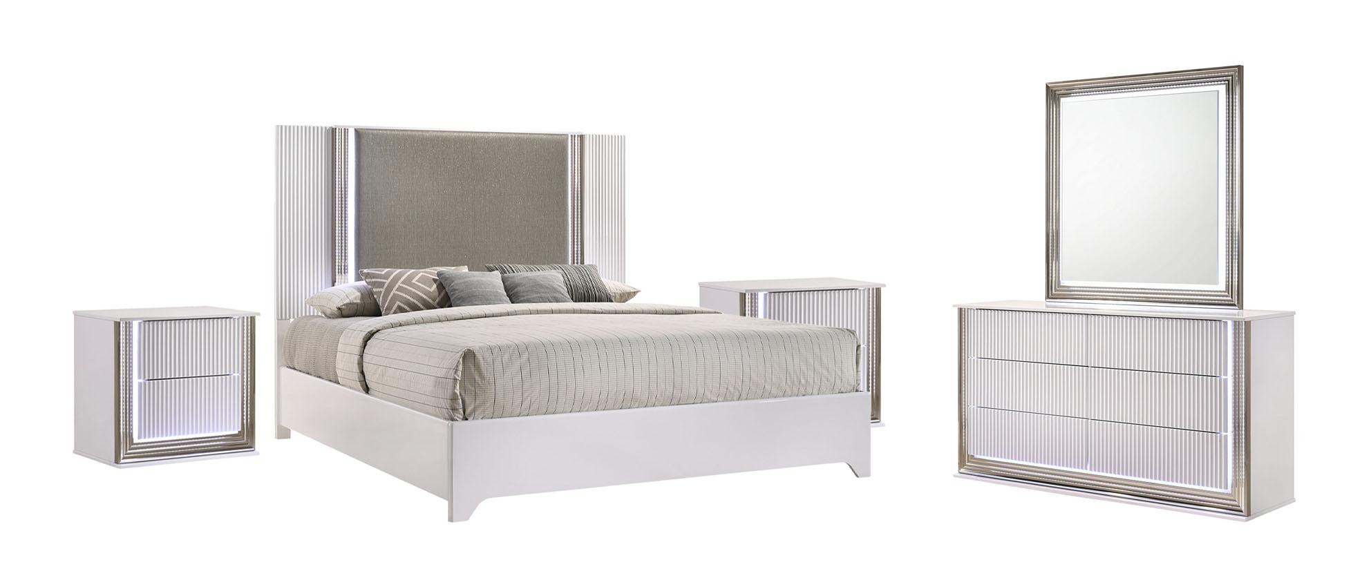 

    
ASPEN  Modern Deco White Finish w/ LED Queen Size Bedroom Set 5Pcs Global USA

