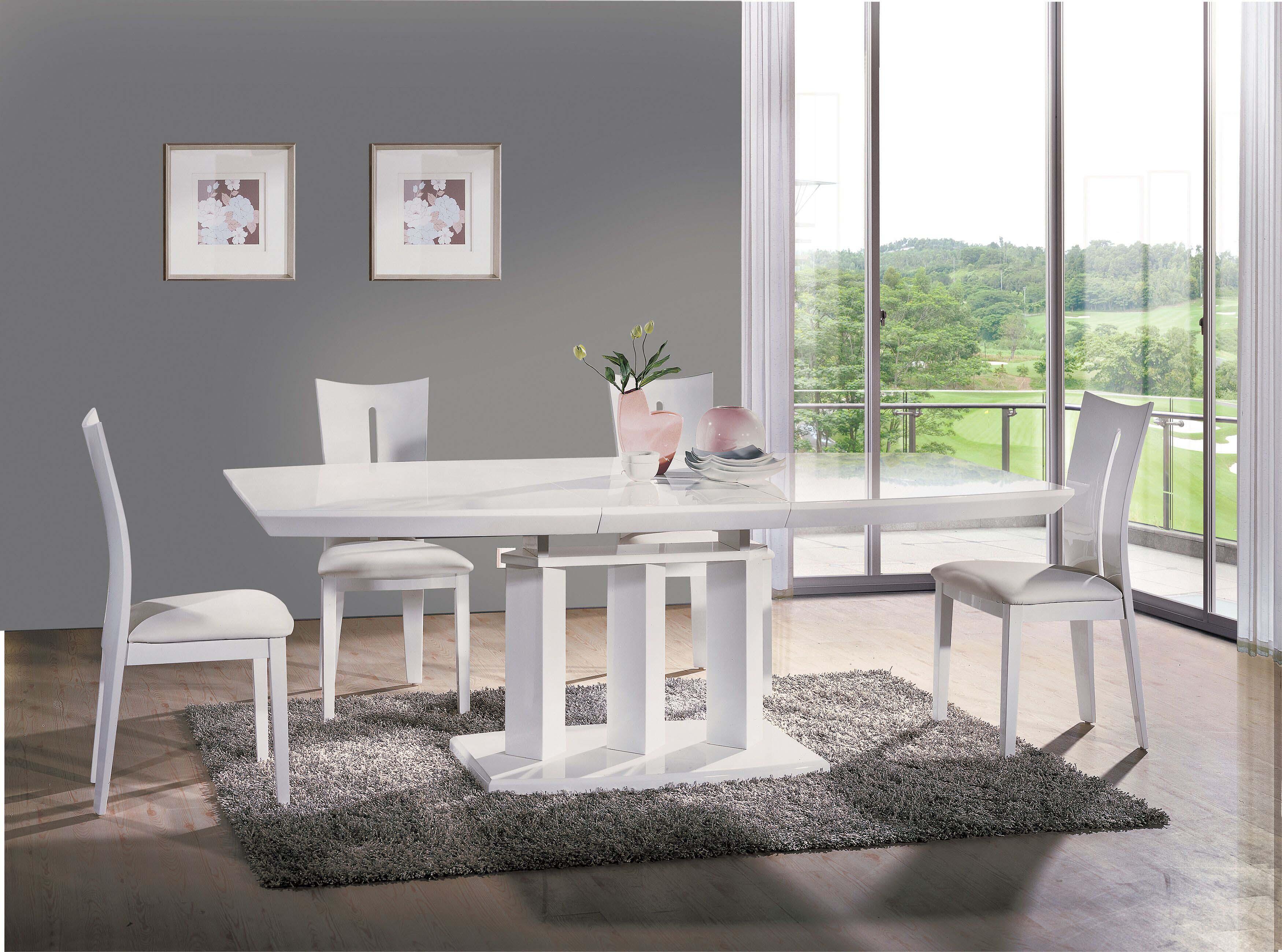 

    
At Home USA Agata White Glossy Luxury Extendable Dining Table Set 5Pcs Modern
