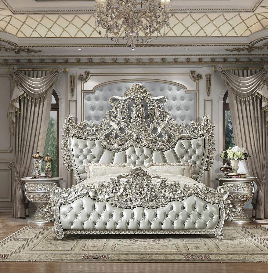 Traditional Sleigh Bedroom Set HD-8088 HD-CK8088-3PC in Metallic, Silver Faux Leather