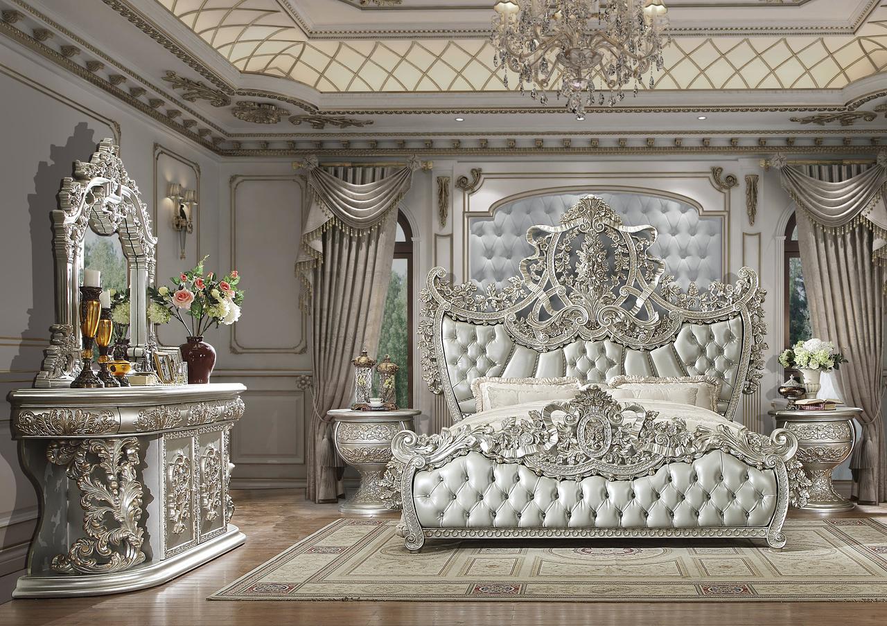 Traditional Sleigh Bedroom Set HD-8088 HD-8088-BSET5-CK in Metallic, Silver Faux Leather