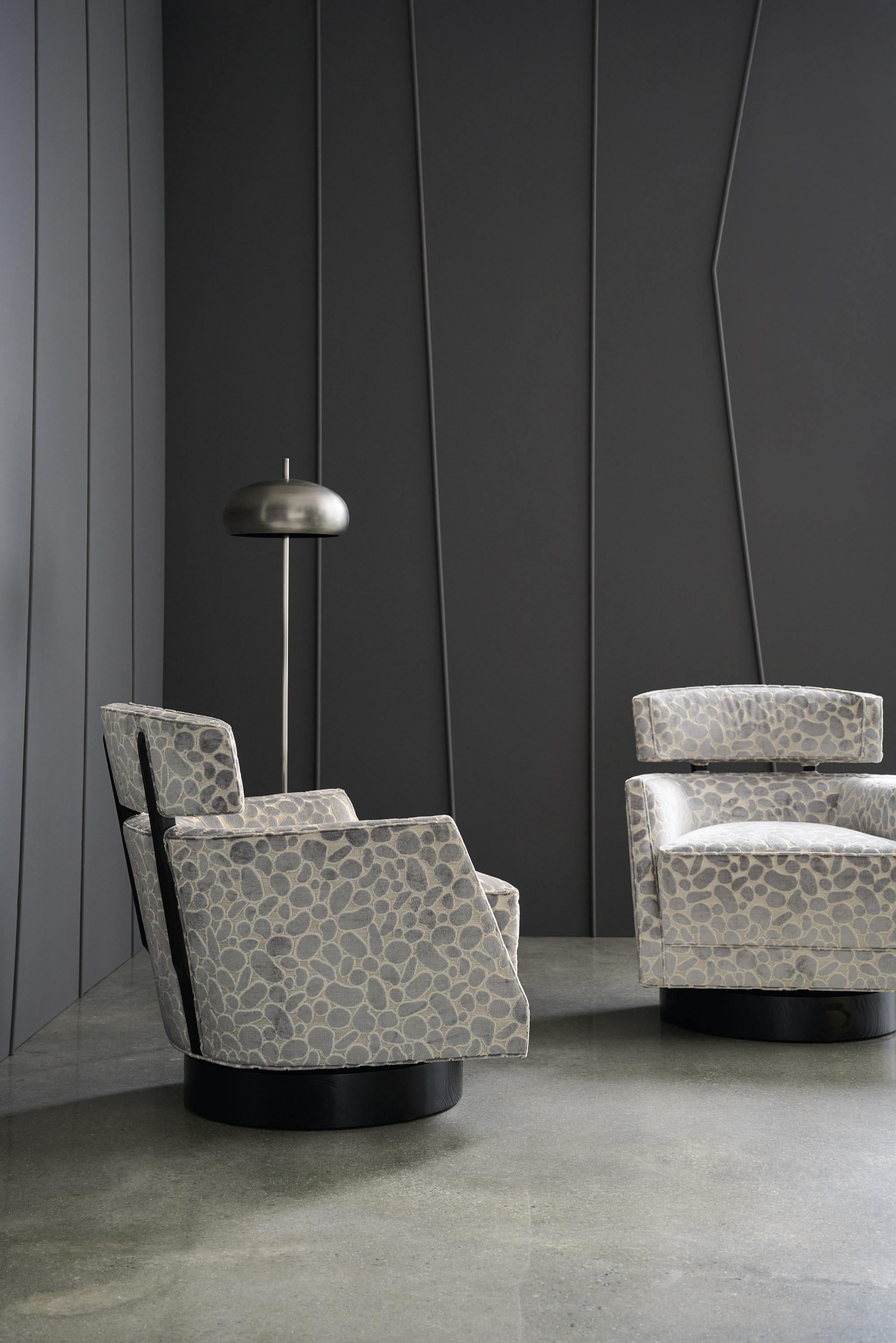 

    
Barrel-Shape Gray Velvet Swivel Chair RECUT CHAIR by Caracole
