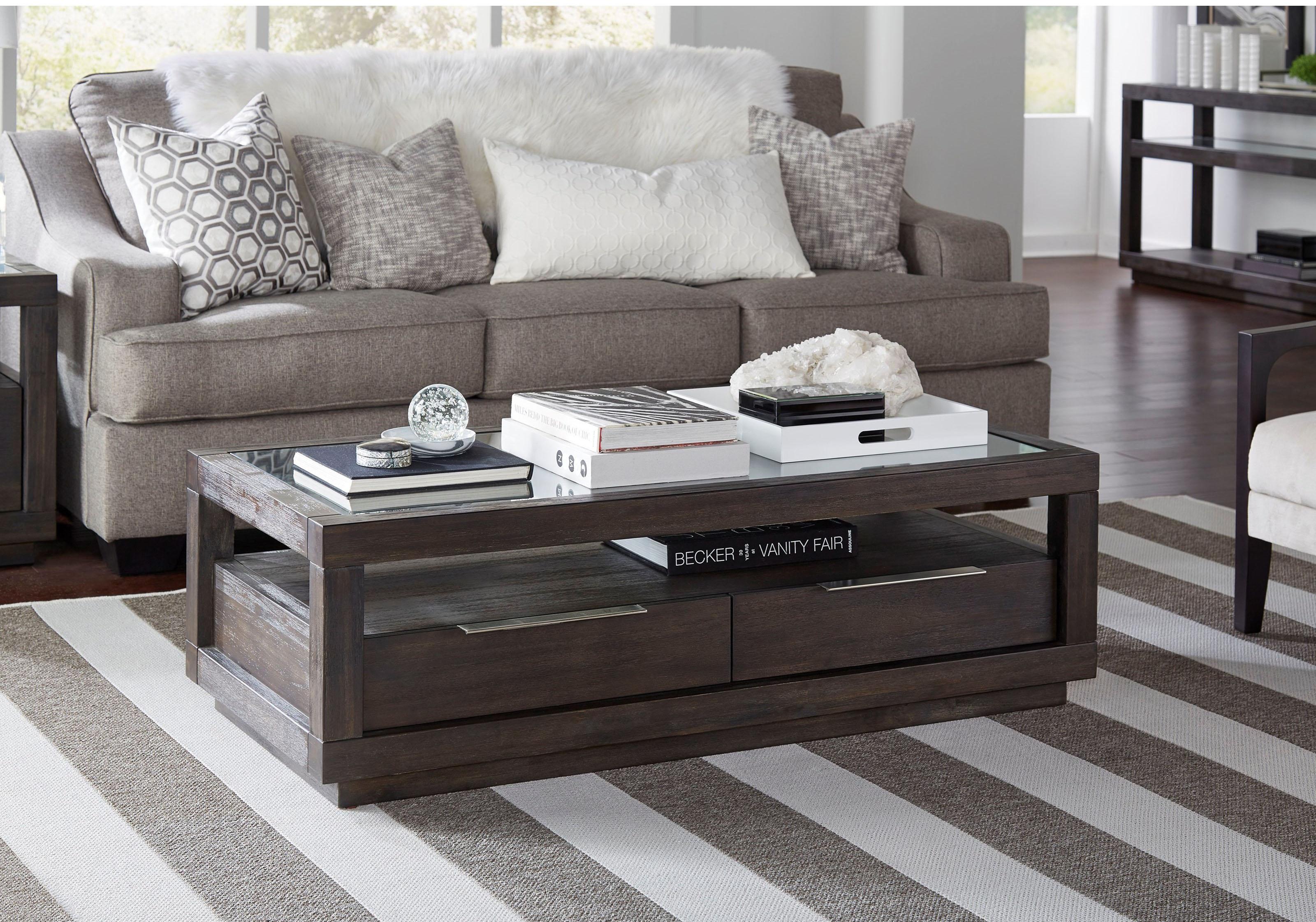 

    
Basalt Gray Glass Top Coffee Table w/2 Drawers OXFORD by Modus Furniture
