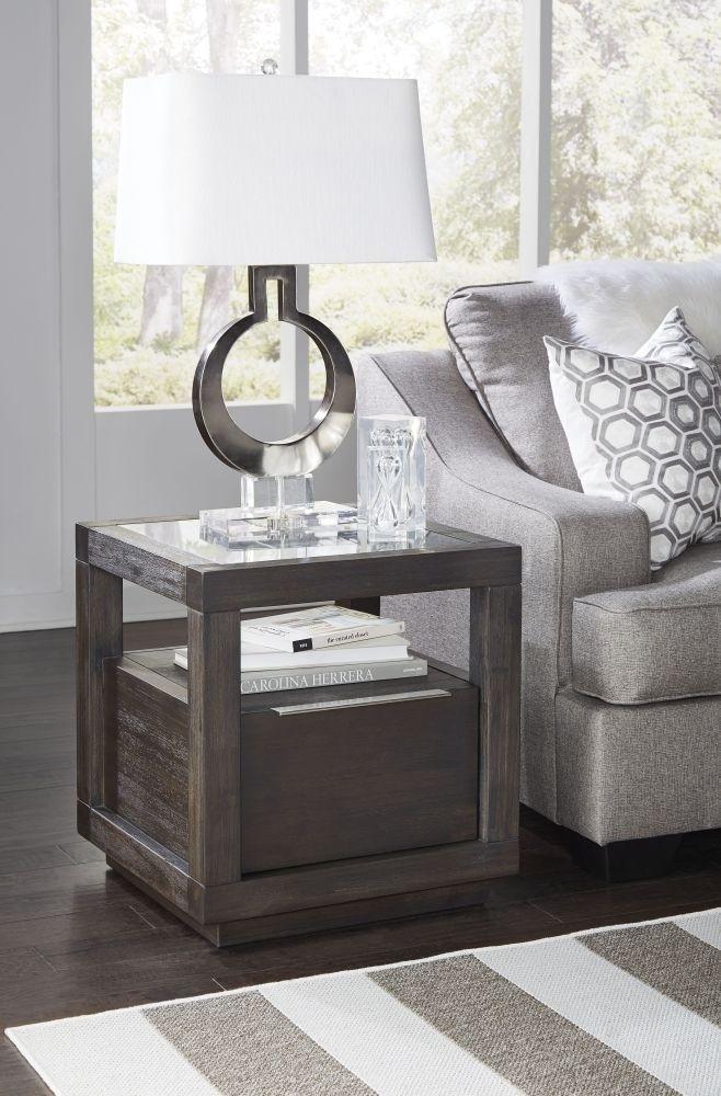 

    
Basalt Gray Glass Top End Table w/ Drawer and Shelf OXFORD by Modus Furniture
