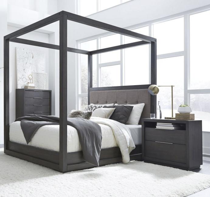 Contemporary Canopy Bedroom Set OXFORD CANOPY AZU5H7-2N-3PC in Dark Gray Fabric