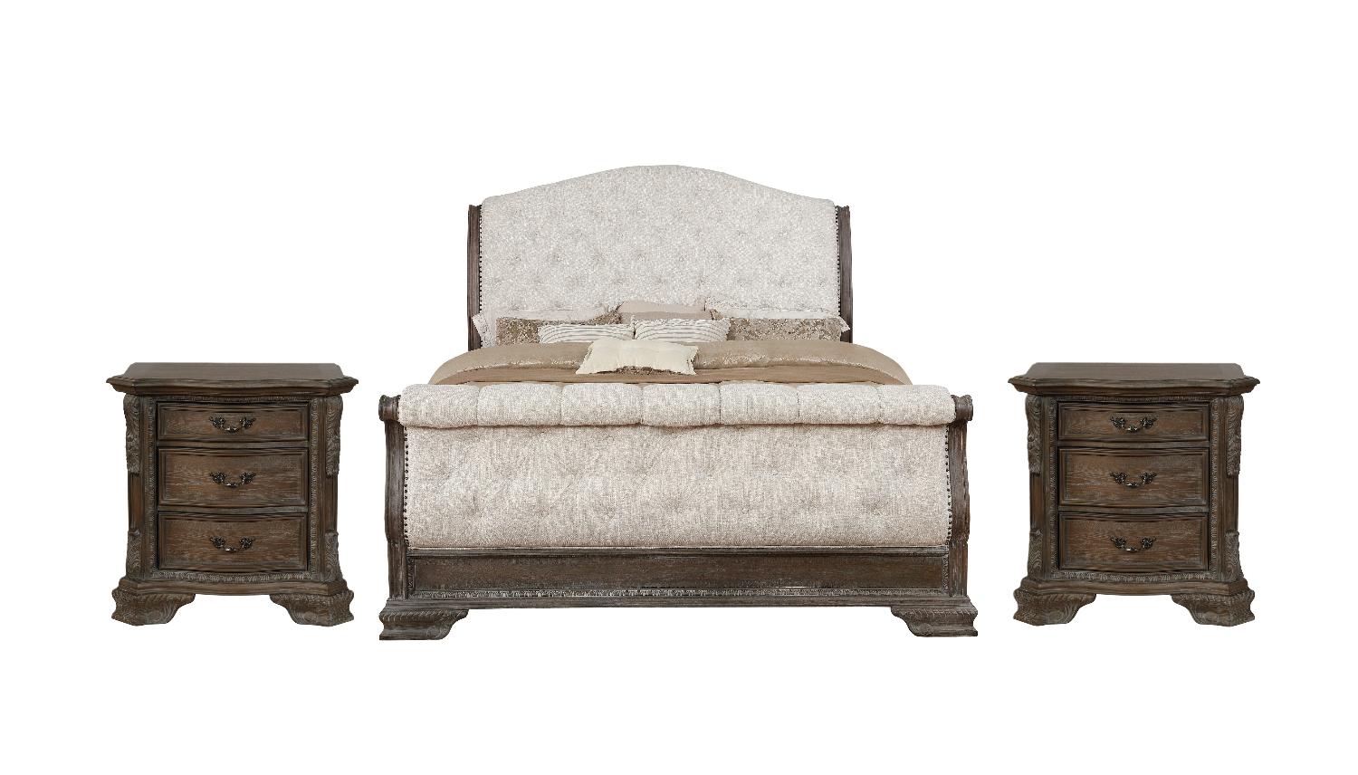 Traditional, Vintage Panel Bedroom Set Sheffield B1120-Q-Bed-3pcs in Beige / Brown Fabric
