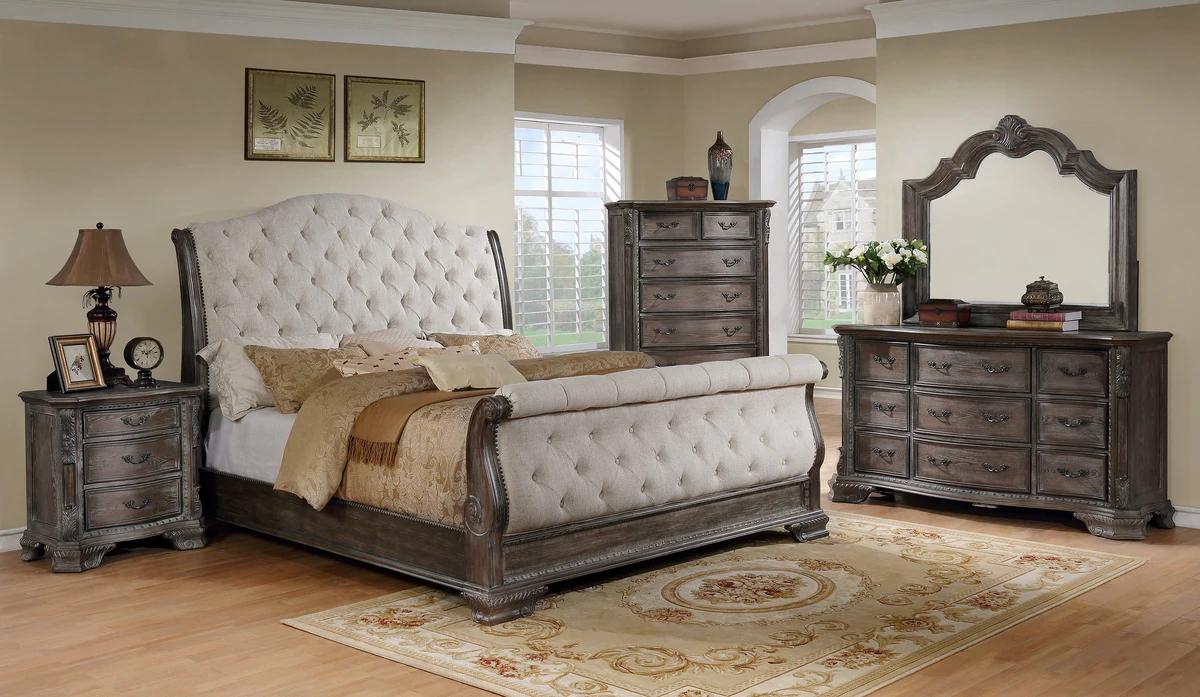 Traditional, Vintage Panel Bedroom Set Sheffield B1120-Q-Bed-6pcs in Beige / Brown Fabric