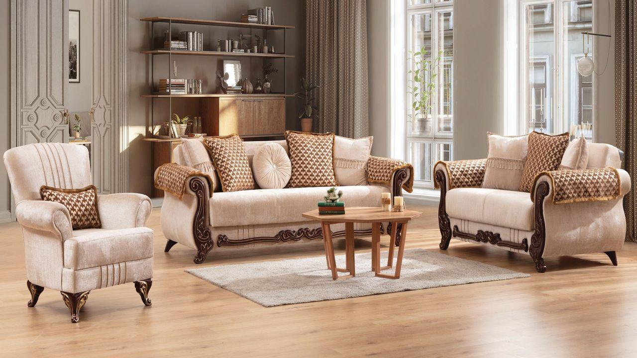 Classic, Traditional Sofa Set CARMEN 698781229262-3PC in Beige Chenille