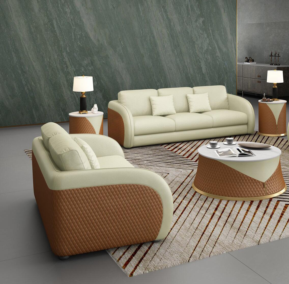 Contemporary, Modern Sofa Set NOIR EF-90881-Set-2 in Cognac, Beige Leather