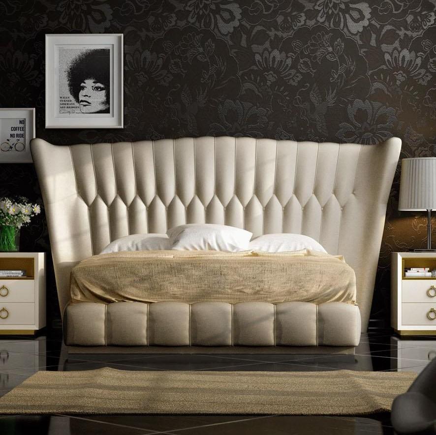 Contemporary Platform Bed Velvet Velvet-EK in Cream, Sand, Gold Eco Leather