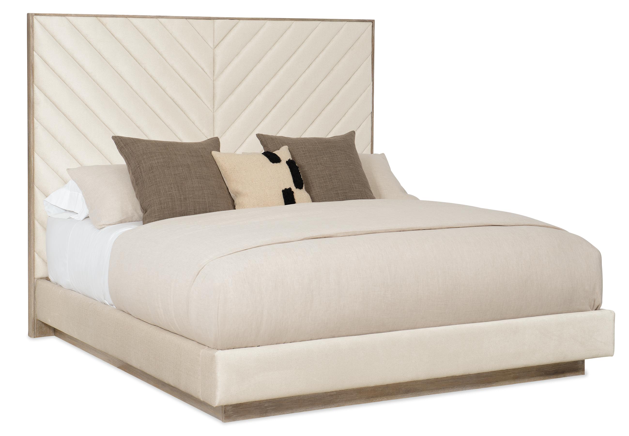 

    
Beige Fabric & Ash Grey Wood CAL King Platform Bed Meet U In The Middle by Caracole

