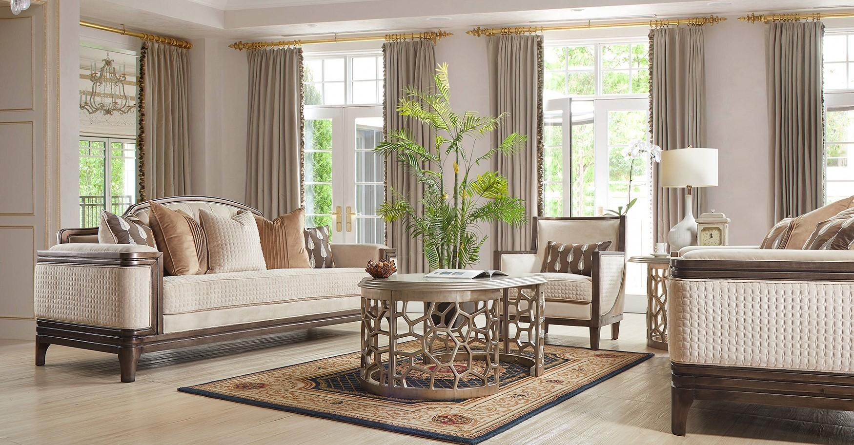 

    
Beige Fabric & Brown Finish Sofa Set 3Pcs Traditional Homey Design HD-687
