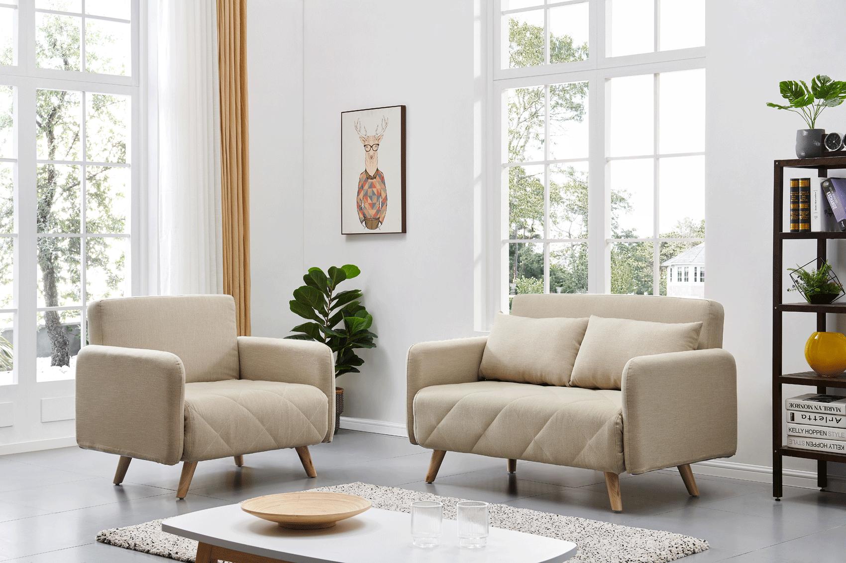 Contemporary Loveseat and Chair Set LH2080-L/C-BED-BEIGE LH2080-L/C-BED-BEIGE-Set-2 in Beige Fabric