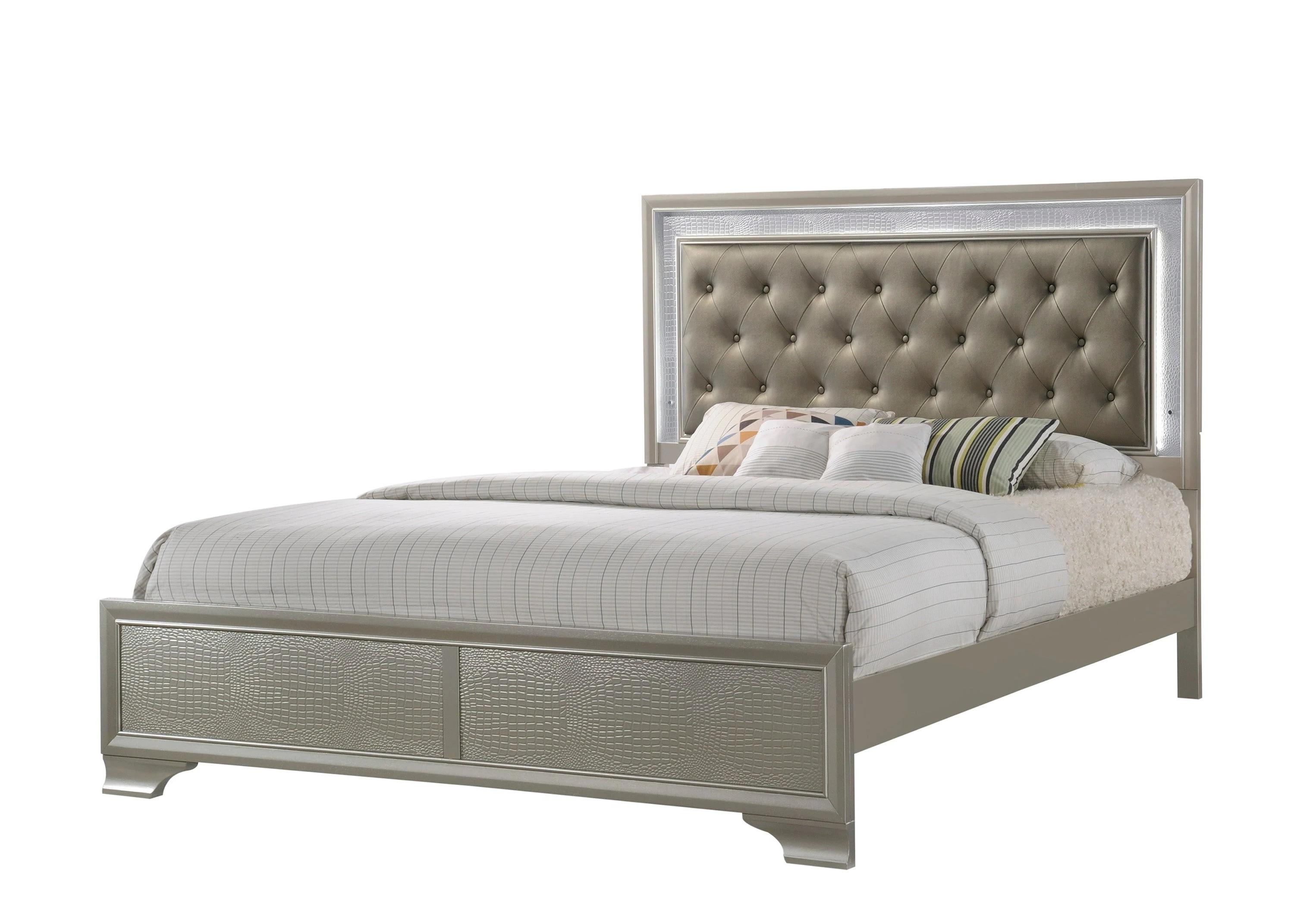 Modern Panel Bed Lyssa B4300-K-Bed in Beige Crocodile Texture