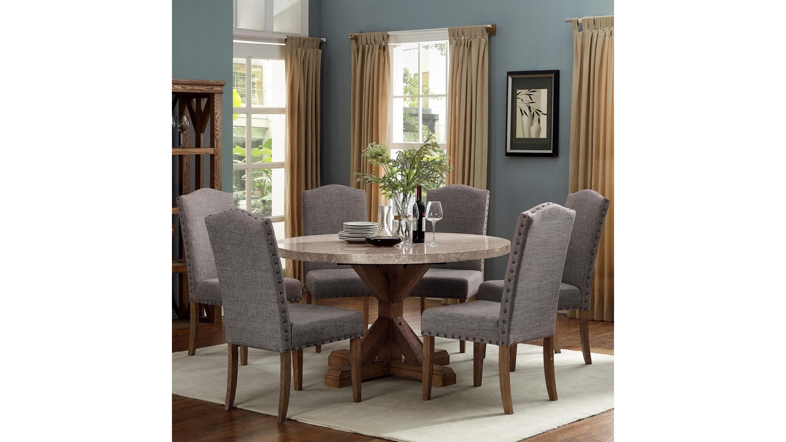 

    
Beige Marble & Brown Dining Round Table Set by Crown Mark Vesper 1211T-54-5pcs
