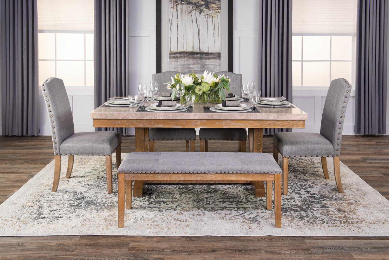 

    
Beige Marble & Brown & Gray Dining Room Set by Crown Mark Vesper 1211T-4272-6pcs
