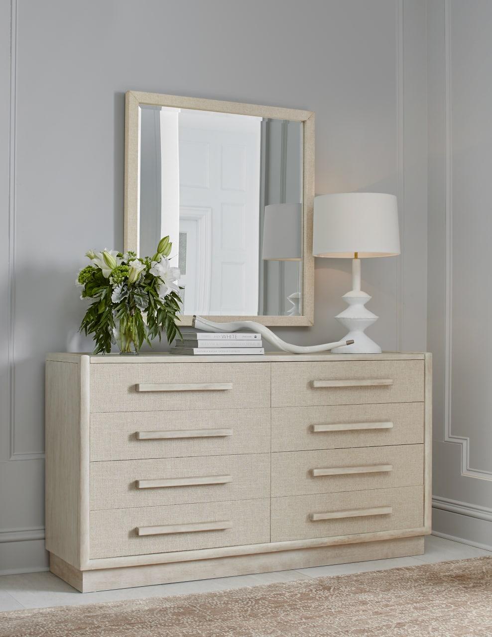 

    
Beige Oak Wood & Linen Dresser + Mirror Set by A.R.T. Furniture Cotiere
