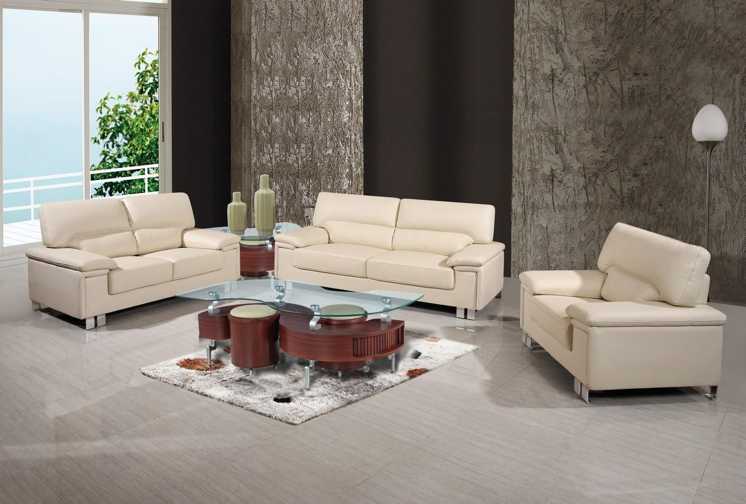 Contemporary Sofa Loveseat and Chair Set U9399-BEIGE U9399-BEIGE-3-PC in Beige Leather Match