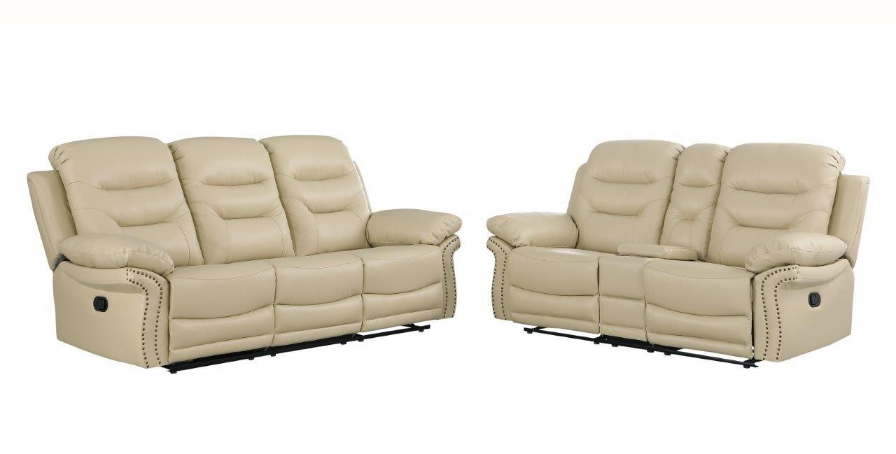 

    
Beige Sofa Set with Console Loveseat Leather Air/Match 2Pcs Global United 9392
