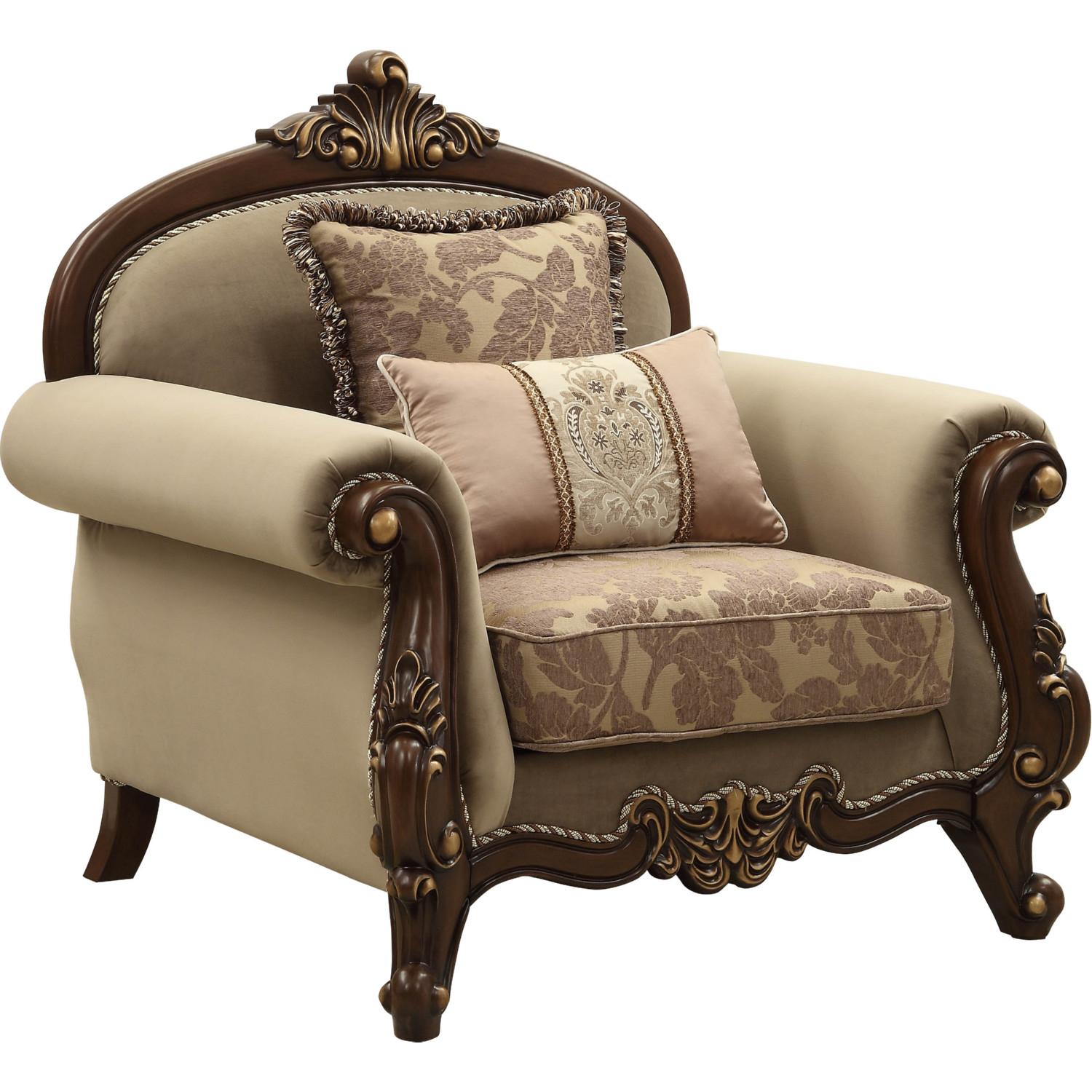 

    
Beige Tan Velvet & Walnut Wood Arm Chair Mehadi 50692 ACME Traditional Classic
