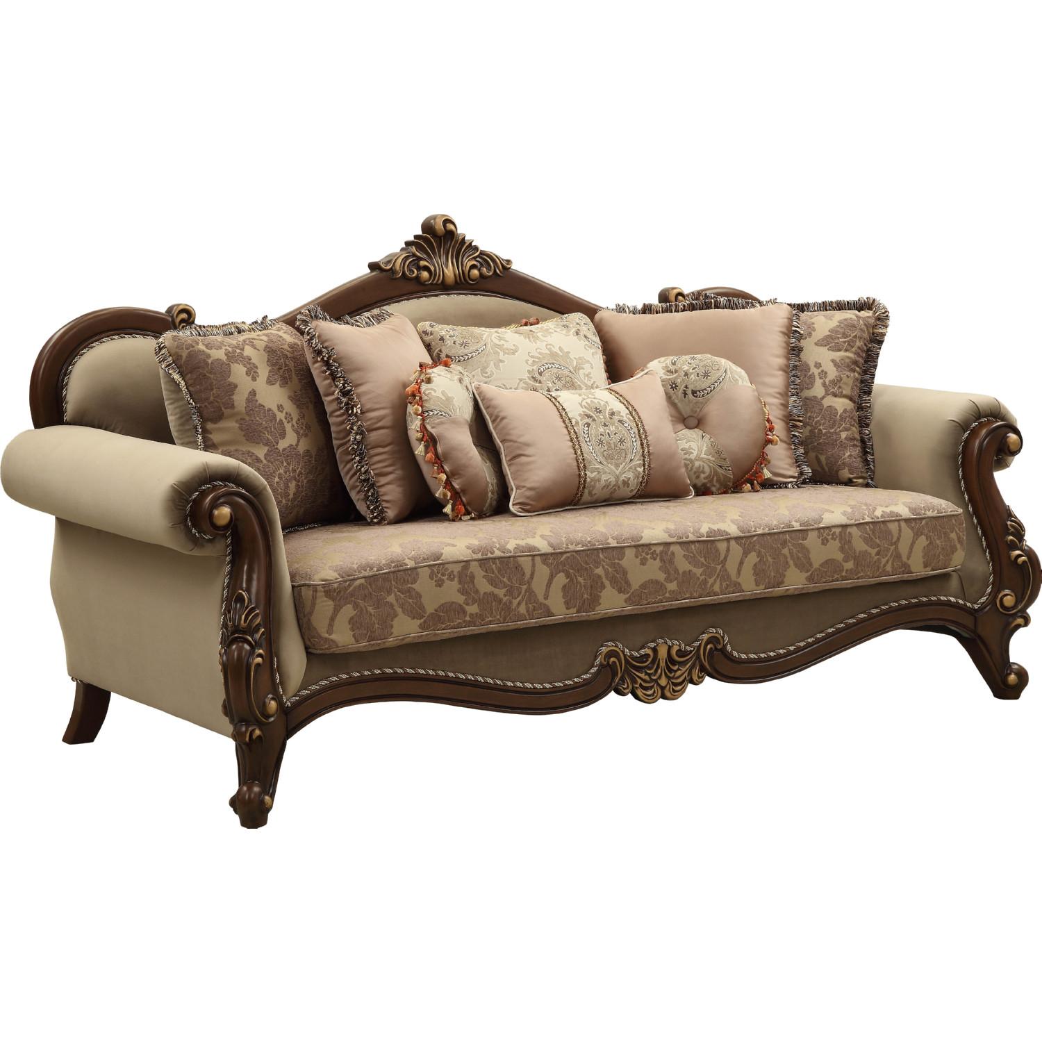 

    
Beige Tan Velvet & Walnut Wood Sofa Mehadi 50690 ACME Traditional Classic

