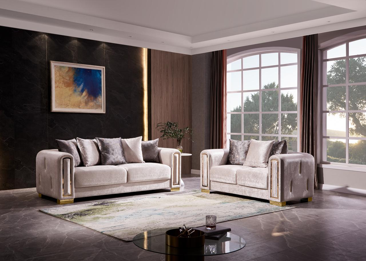 

    
Beige Thick Velvet Fabric 2Pc Living Room Set Impreza Galaxy Home Modern
