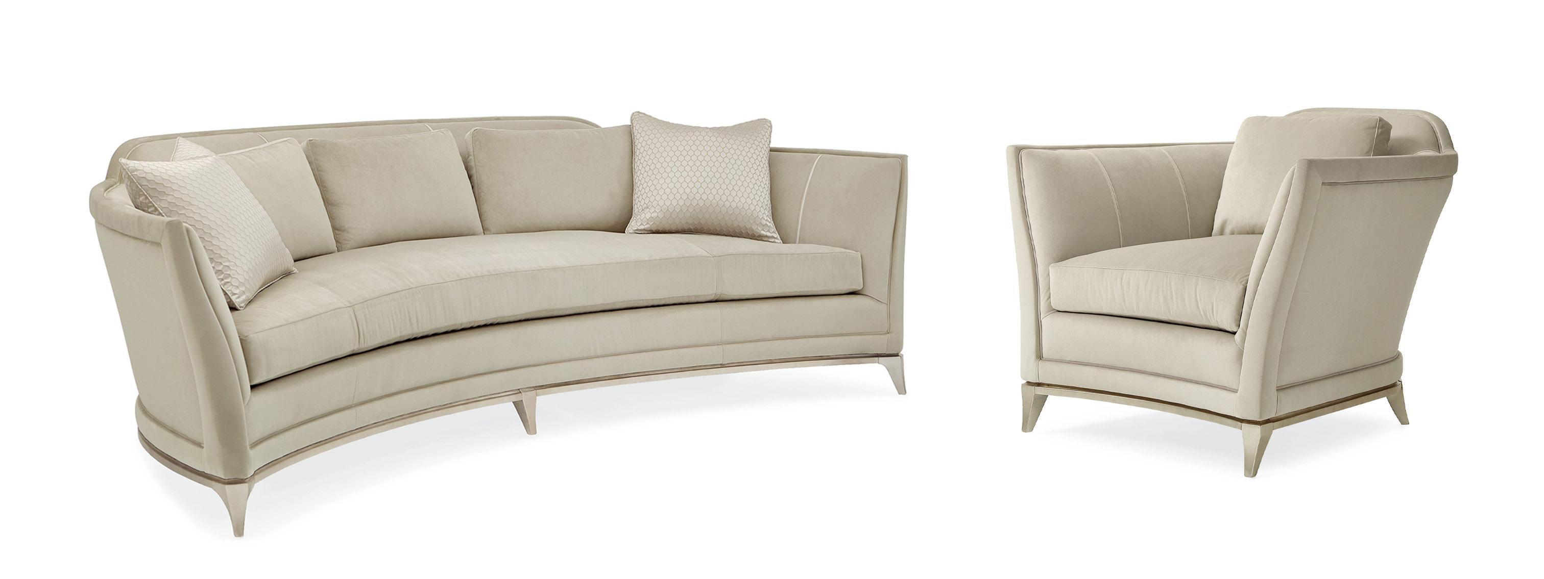 

    
Beige Velvet Crescent-Shaped Sofa & Chair Set Contemporary Bend The Rules by Caracole
