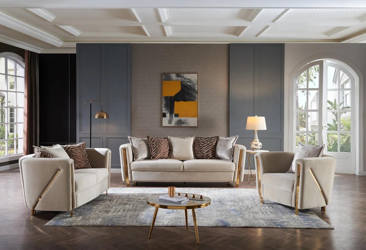 

    
Beige Velvet Fabric Upholstered 3Pc Living Room Set Chanelle Galaxy Home Modern
