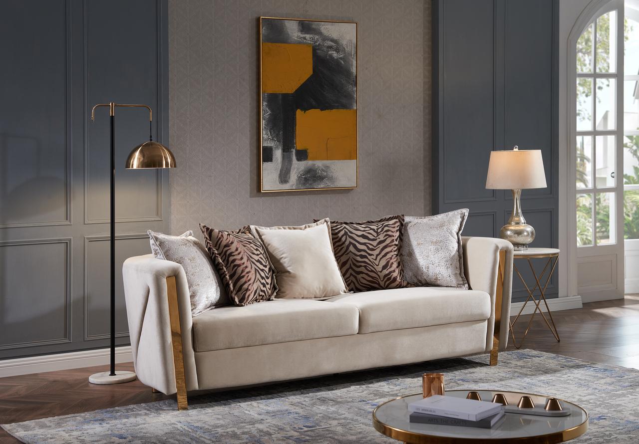 

    
Beige Velvet Fabric Upholstered Sofa Chanelle Galaxy Home Modern
