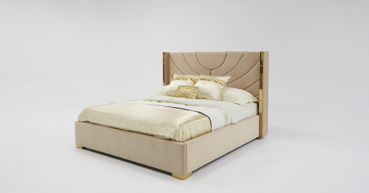 Contemporary, Modern Panel Bed Visalia VGYUHD-1881-PINK in Gold, Beige Velvet