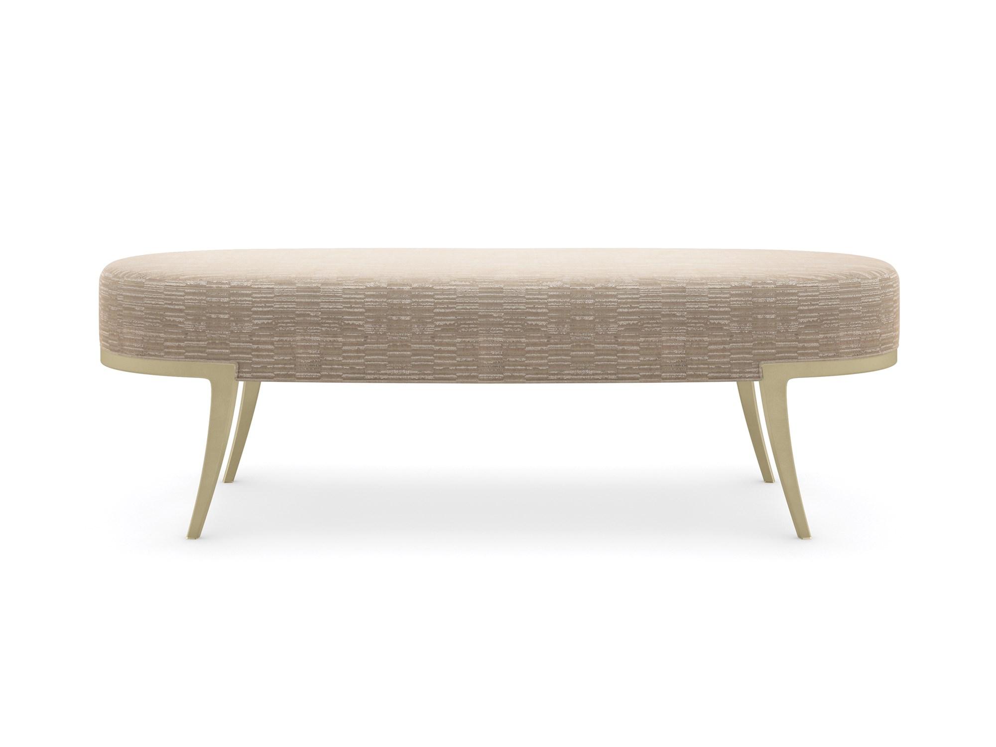

    
Belgian Cut Velvet & Metal Legs in a Whisper of Gold Bench WAIT YOUR TURN by Caracole
