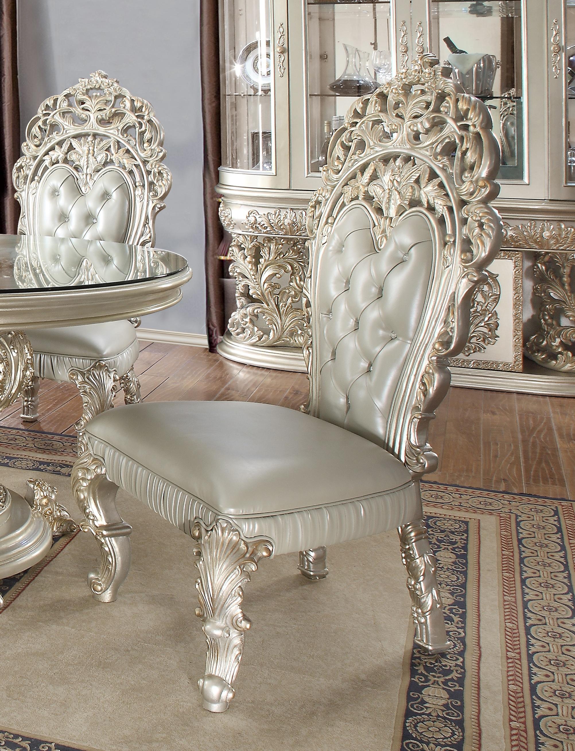 Traditional Dining Side Chair HD-8088 HD-SC8088-2PC in Metallic, Silver Leather