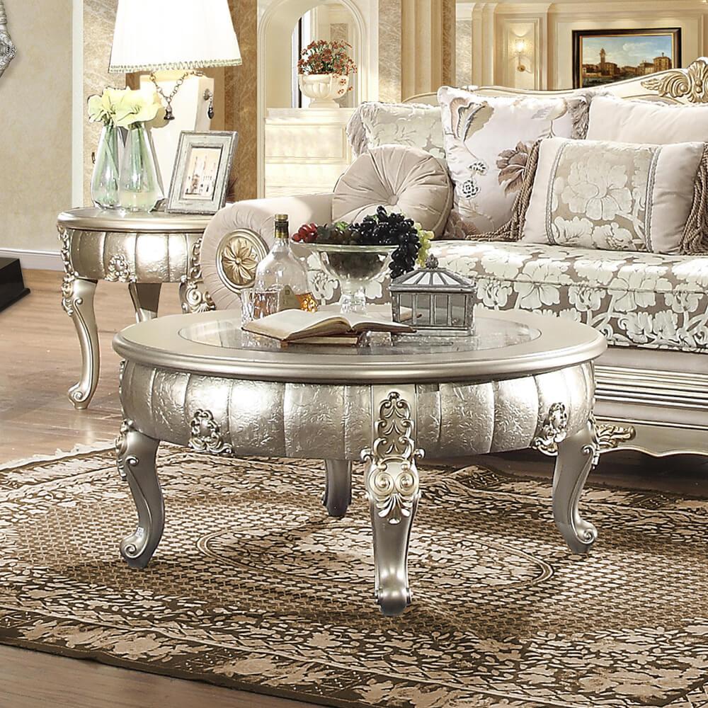Classic, Traditional Coffee Table Set HD-1560 HD-1560-CTSET3 in Silver Glass Top