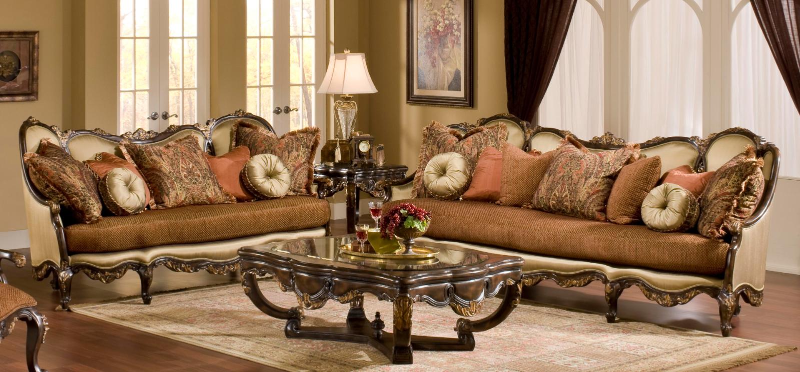 

    
Luxury Chenille Sofa Set 2Pcs Antique Mahogany Wood Benetti's Abrianna Classic
