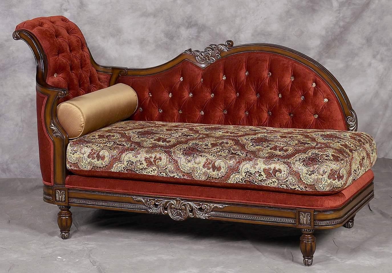 

    
Luxury Red Velvet Crystal Tufted Chaise Lounge Special Order Benetti's Anabella
