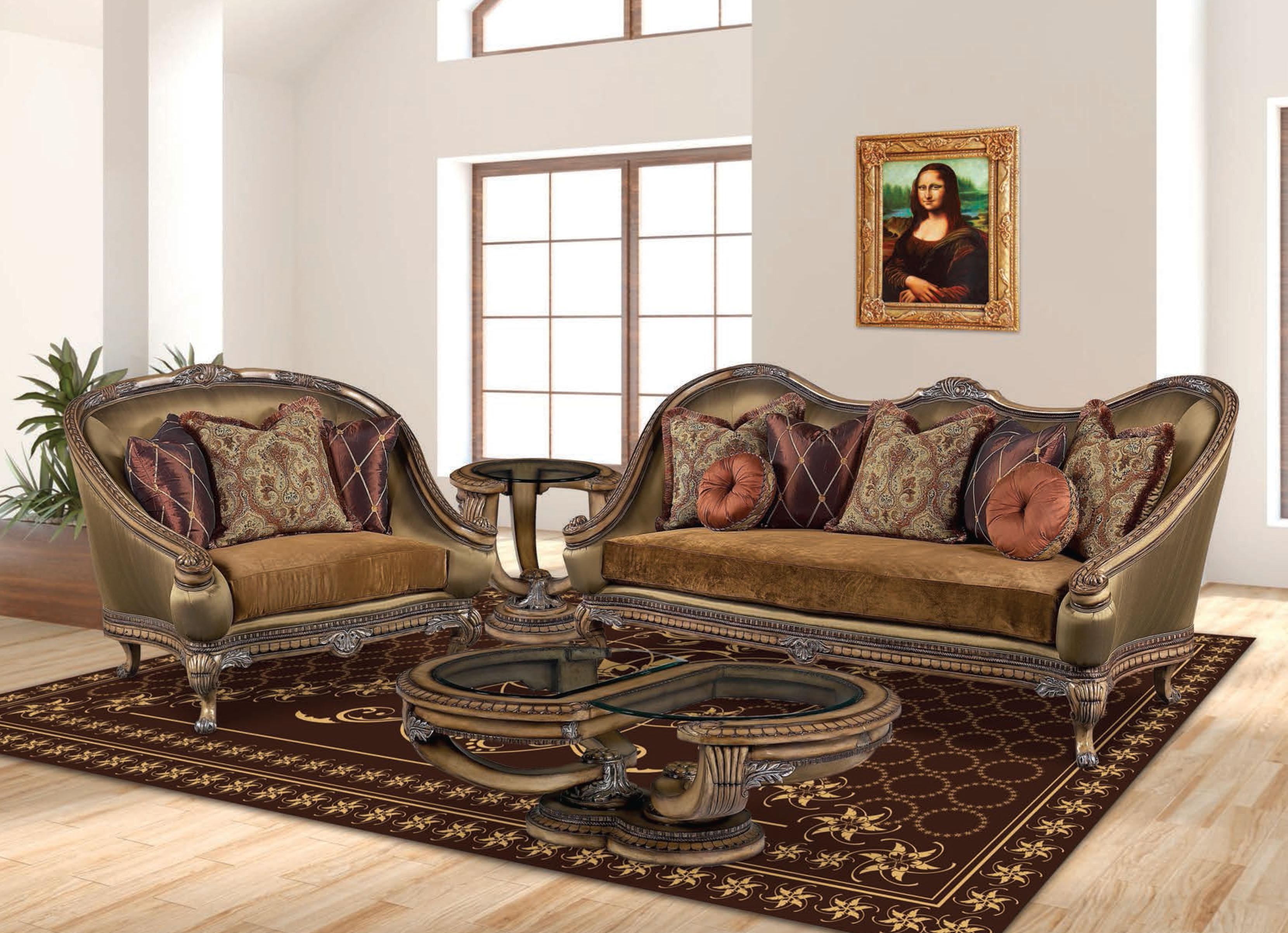 

    
Benetti's Maribella Luxury Exposed Wood Light Brass Antique Style Sofa Set 2Pcs
