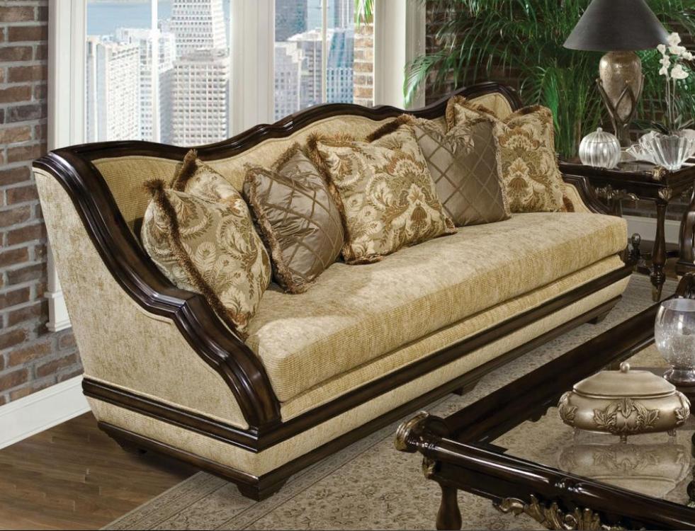 

    
Benetti’s Beladonna  Luxury Walnut Finish Golden Sand Sofa Carved Wood
