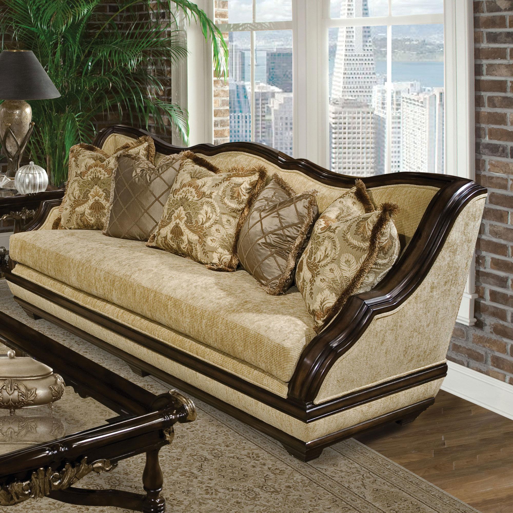 

    
Benetti’s Beladonna  Luxury Walnut Finish Golden Sand Sofa Carved Wood
