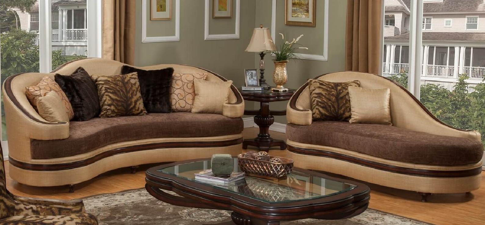 

    
Luxury Golden Beige Chaise Lounge Dark Brown Wood Trim Benetti's Emma Classic
