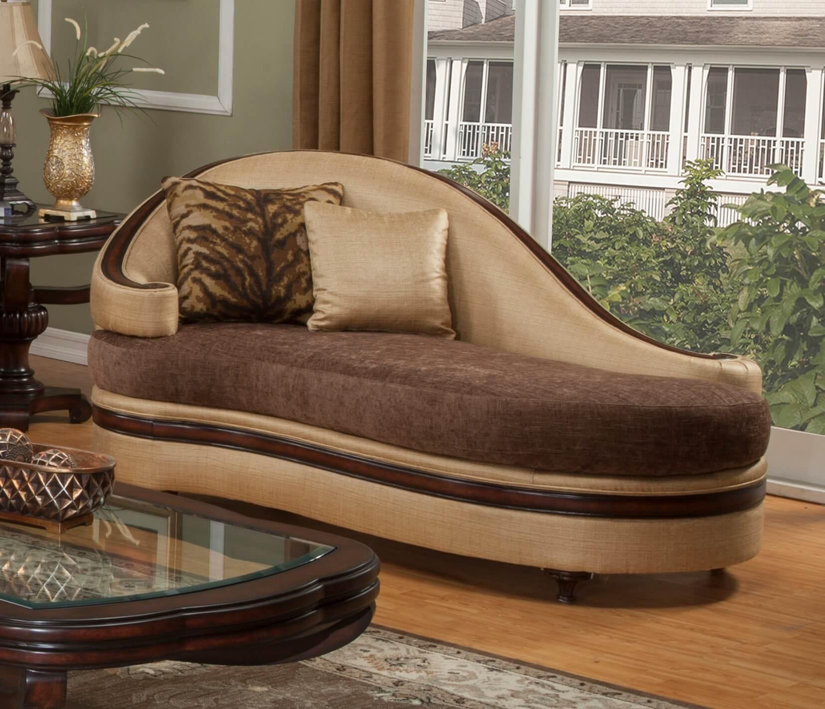 

    
Luxury Golden Beige Chaise Lounge Dark Brown Wood Trim Benetti's Emma Classic
