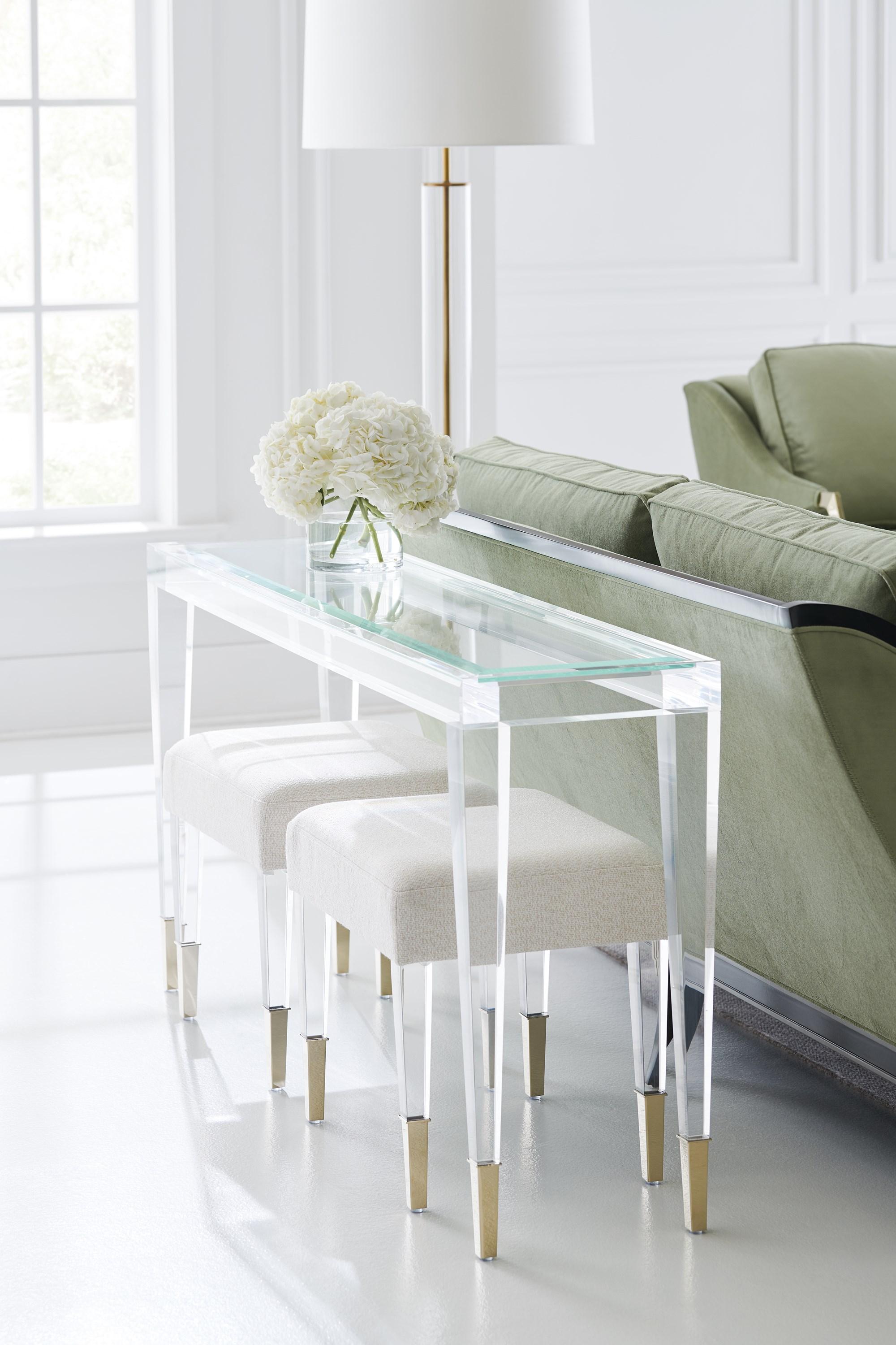 

    
Beveled, Clear Glass Top Console Table w/ 2 Stools AHHHHH by Caracole
