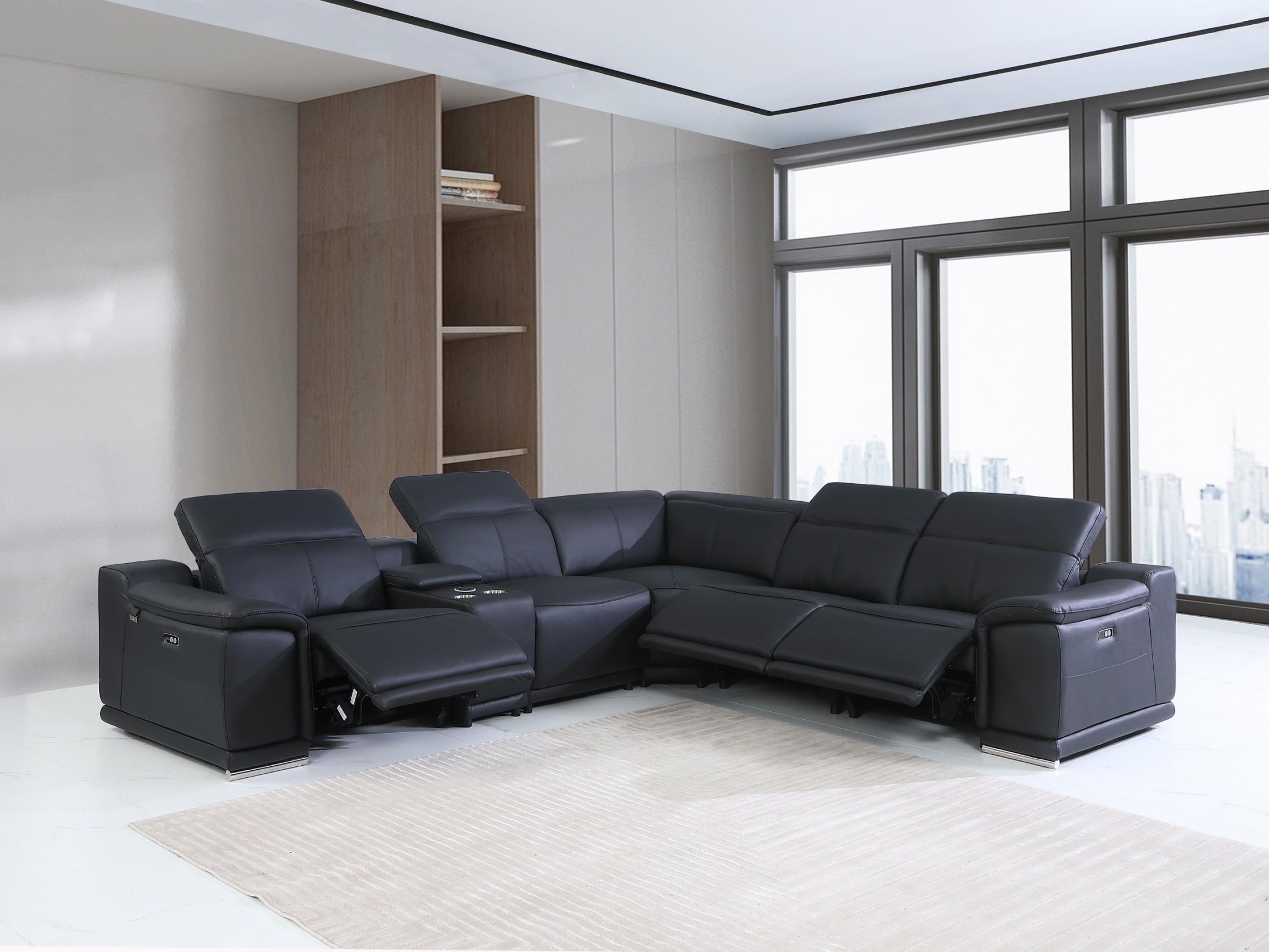 Contemporary Reclining Sectional 9762 9762-BLACK-3PWR-6PC in Black Italian Leather