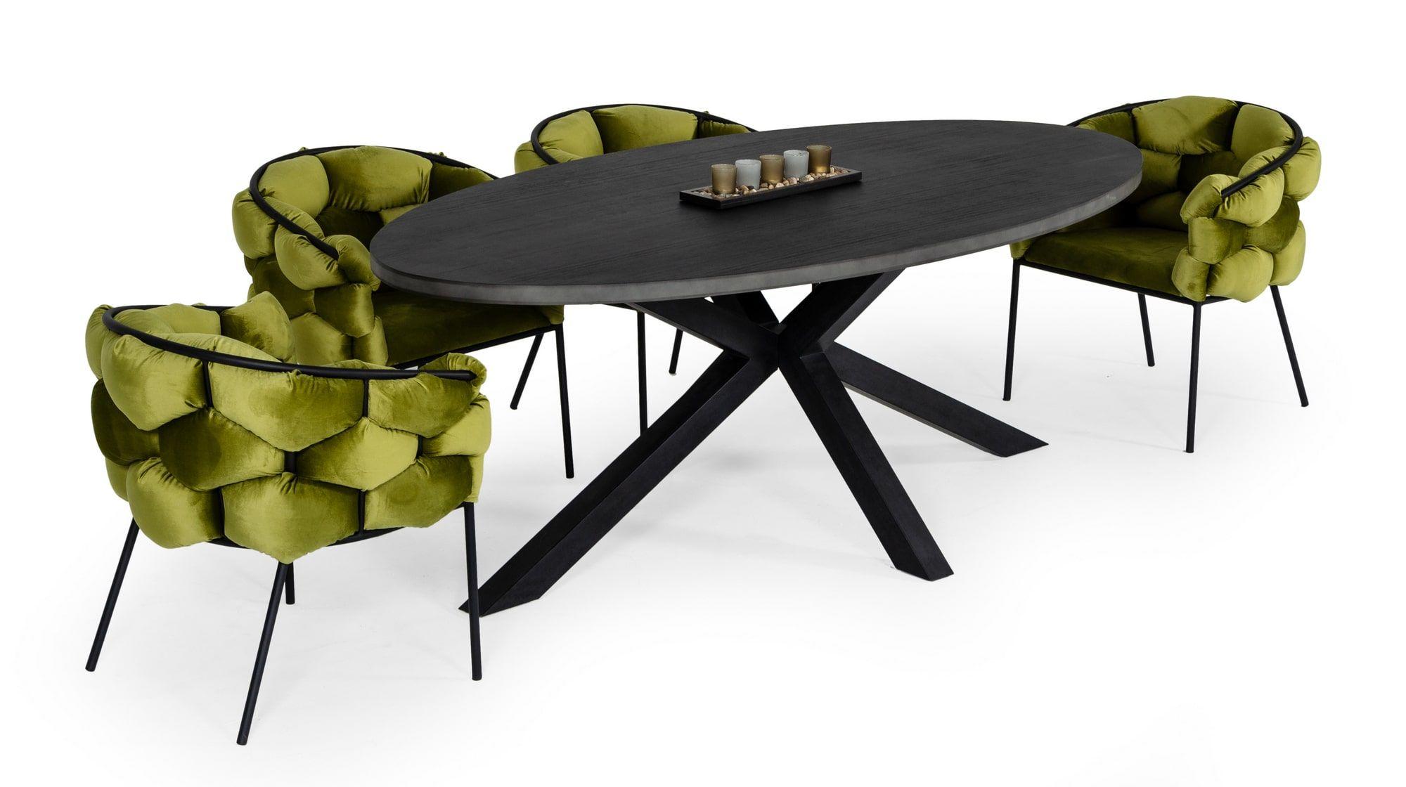 

    
Black Acacia Oval Dining Table + 4 Green Chairs by VIG Modrest Raygor

