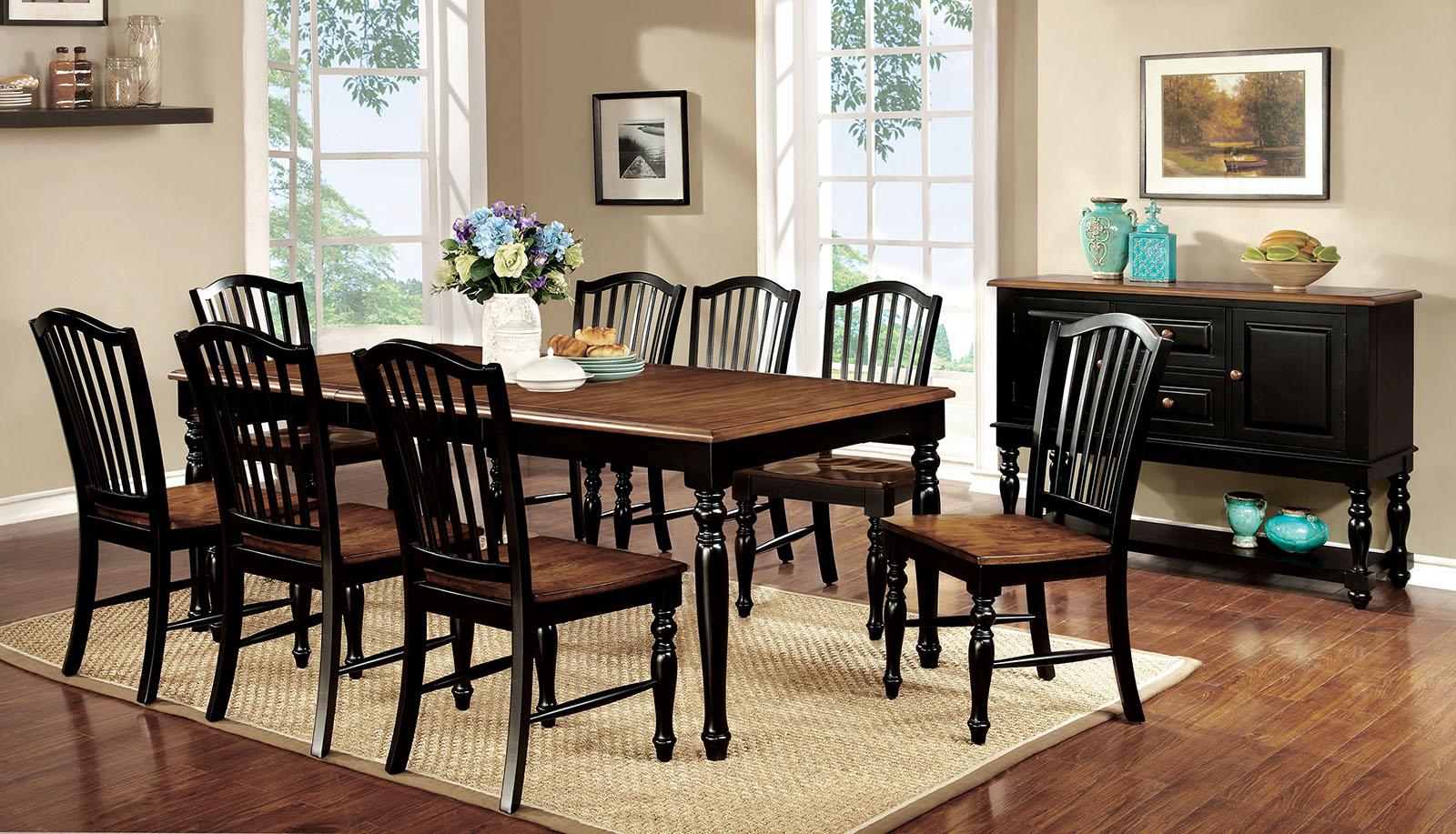 

    
Transitional Black & Antique Oak Solid Wood Dining Room Set 10pcs Furniture of America Mayville

