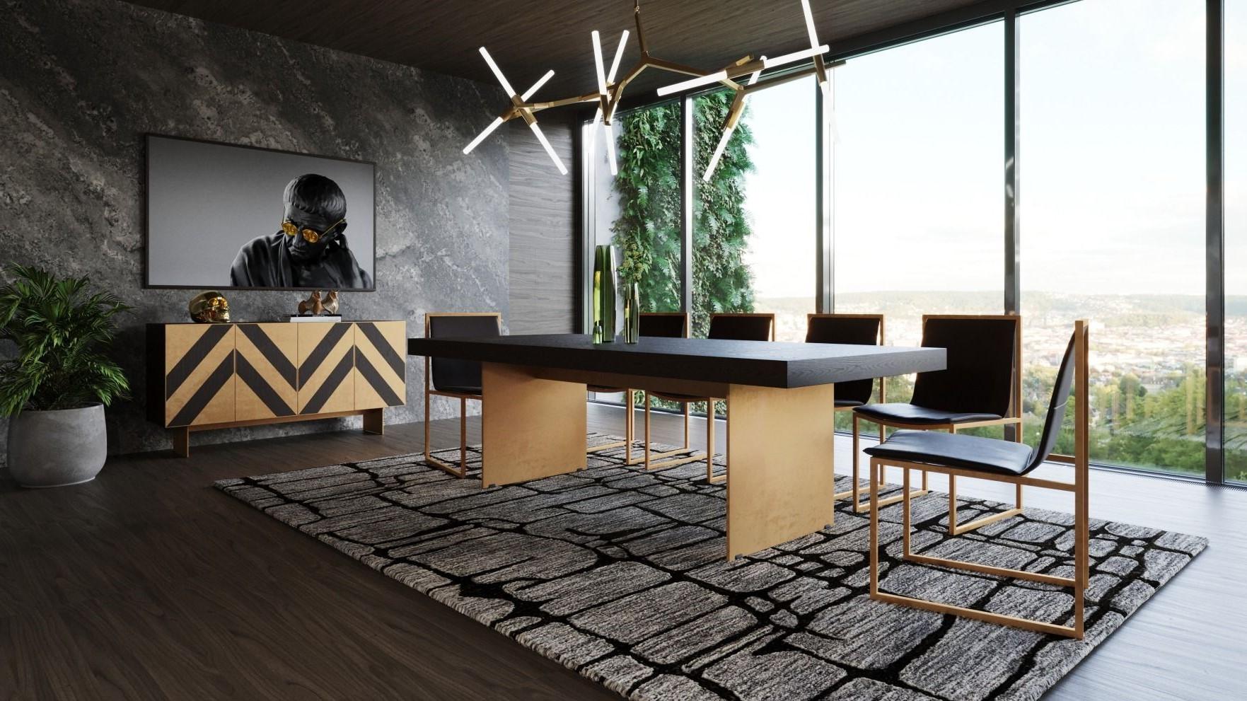 

    
 Shop  Black Ash + Brushed Brass Dining Table + 8 Chairs Set by VIG Modrest Perret
