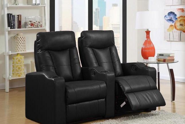 

    
Black Bonded Leather Reclining Home Theater Seating Row of 2 Seats w Cupholders
