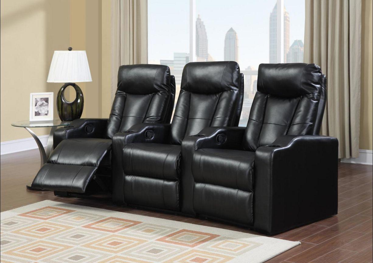 

    
Black Bonded Leather Reclining Home Theater Seating Row of 3 Seats w Cupholders
